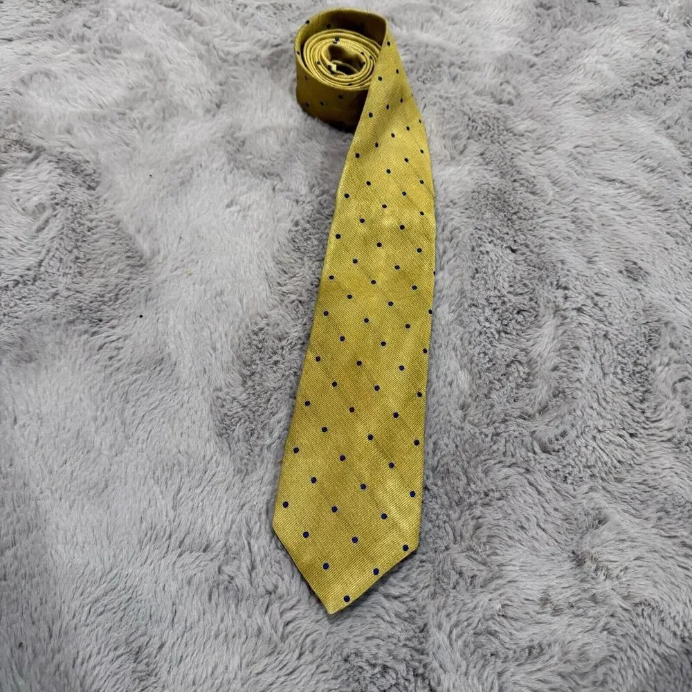 Brooks Brothers Yellow Silk Tie with Navy Polka Dot‎ Pattern - Made in Italy